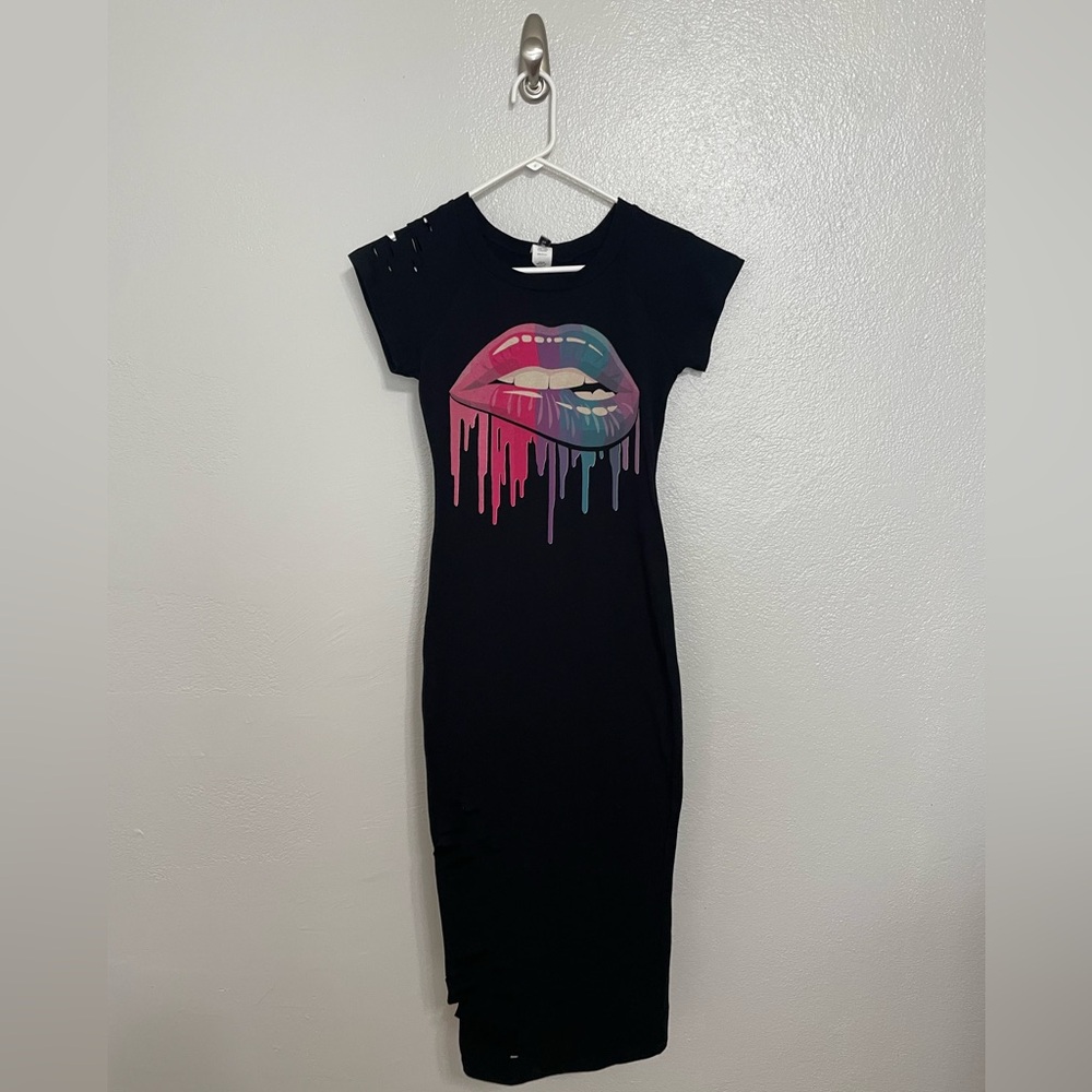 Black Maxi Dress with Graphic Lip Design